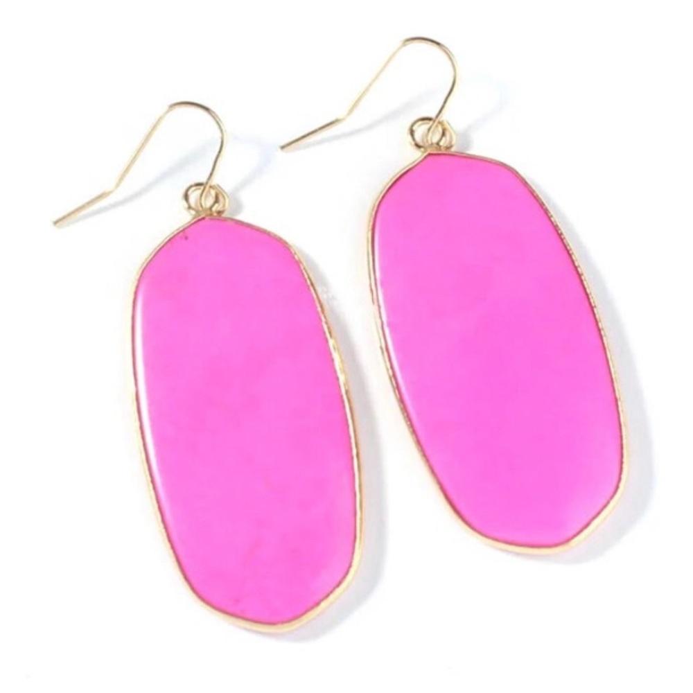 large 14k gold plated hot Pink stone oval hexagon dangle statement earrings